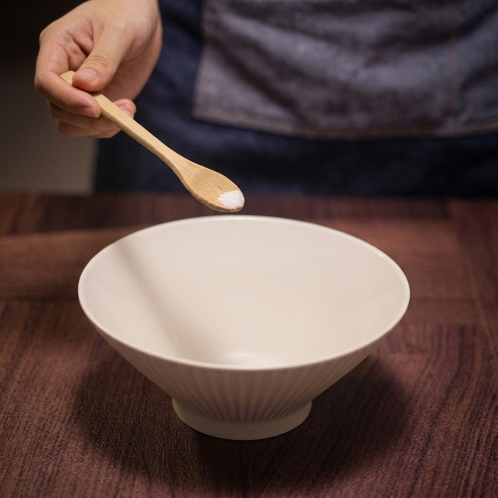 A small wooden spoon holding white sea salt over an empty white ceramic ramen bowl.