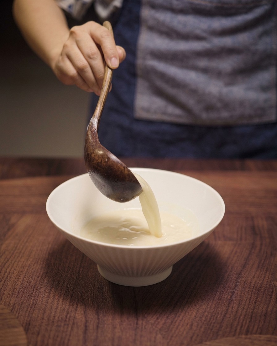 Hot golden liquid being poured from a wooden ladle into a white bowl.