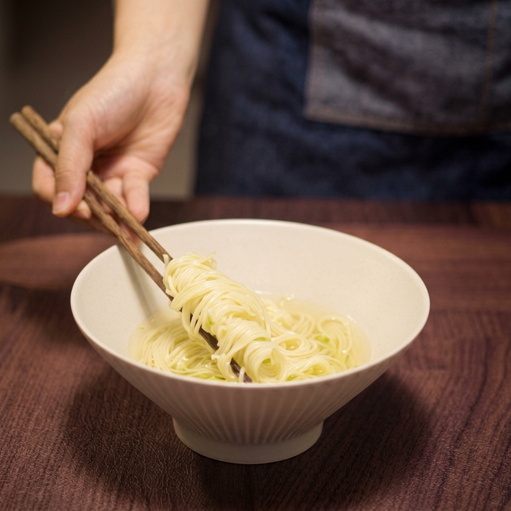 A pair of wooden chopsticks lifting and placing yellow ramen noodles into a bowl of clear soup.
