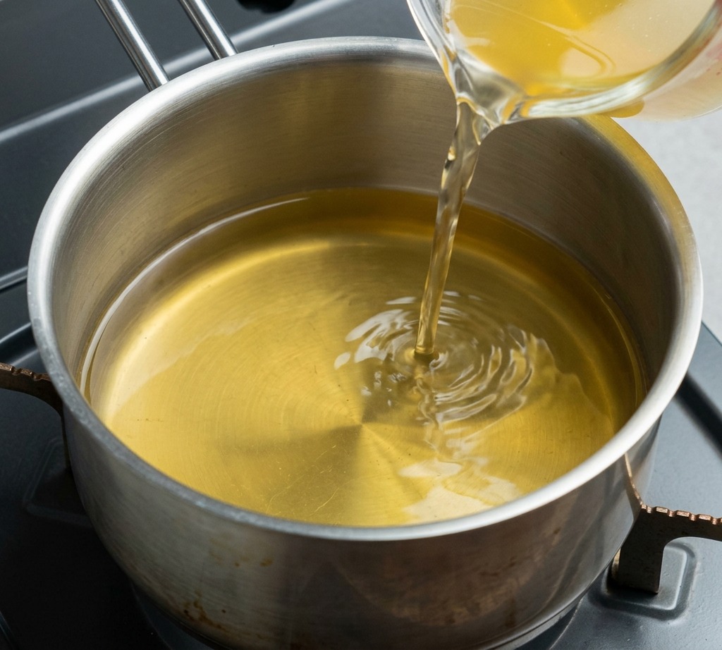 A yellowish chicken broth being poured from a glass measuring cup into a clean stainless steel pot sitting on a portable stove.