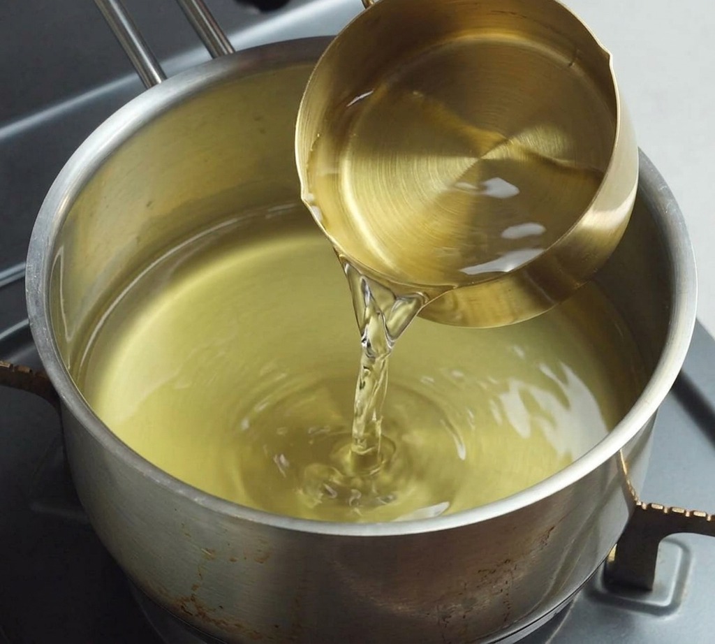 Clear water being poured from a brass-colored measuring cup into a pot that already contains a pale yellow stock.