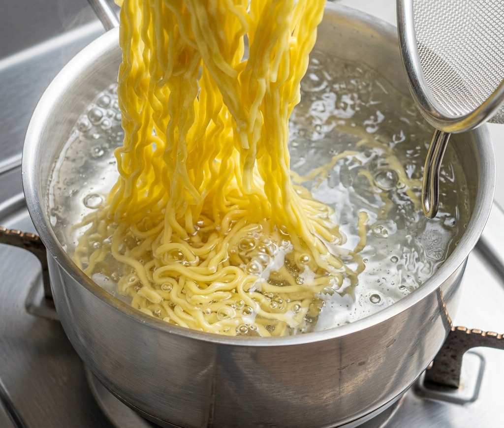 Cooked yellow ramen noodles being lifted high out of a boiling pot with a mesh strainer and steam rising into the air.