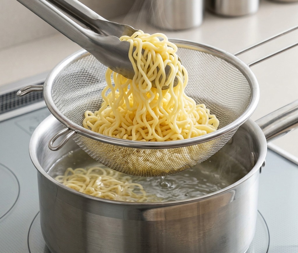 Cooked yellow ramen noodles being lifted in a stainless steel mesh strainer with tongs over a steaming pot of water.