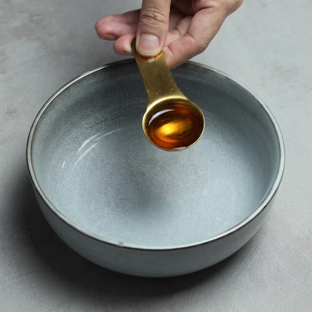 A gold measuring spoon pouring clear amber sesame oil into the center of an empty blue-gray ceramic bowl.