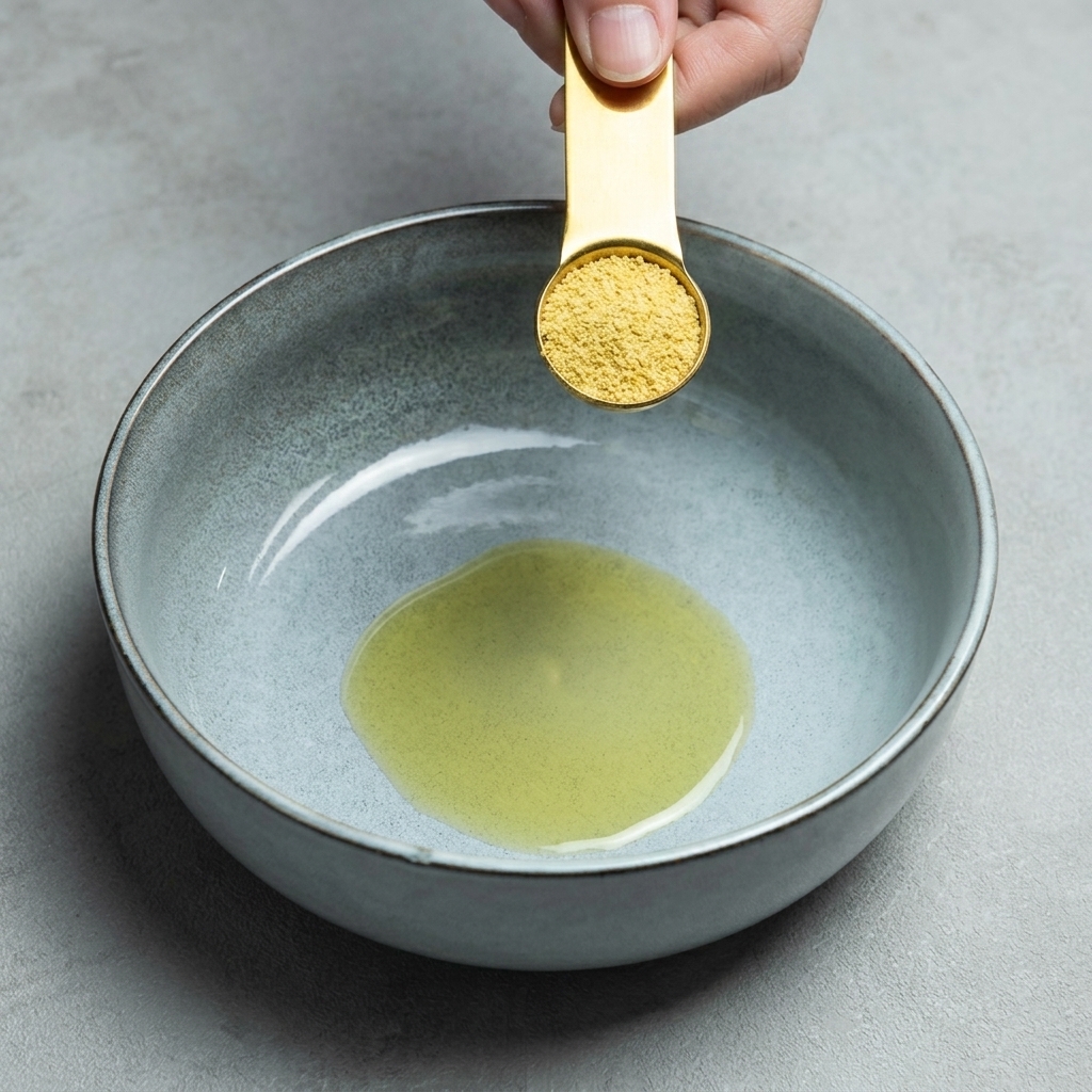 Yellow granulated chicken powder seasoning being held in a gold spoon over a bowl containing sesame oil.
