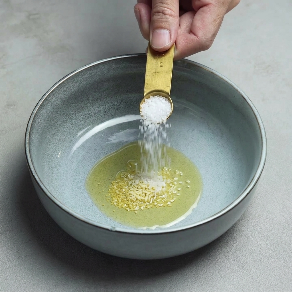 Coarse white salt being poured from a small gold spoon into a serving bowl already containing oil and powder.