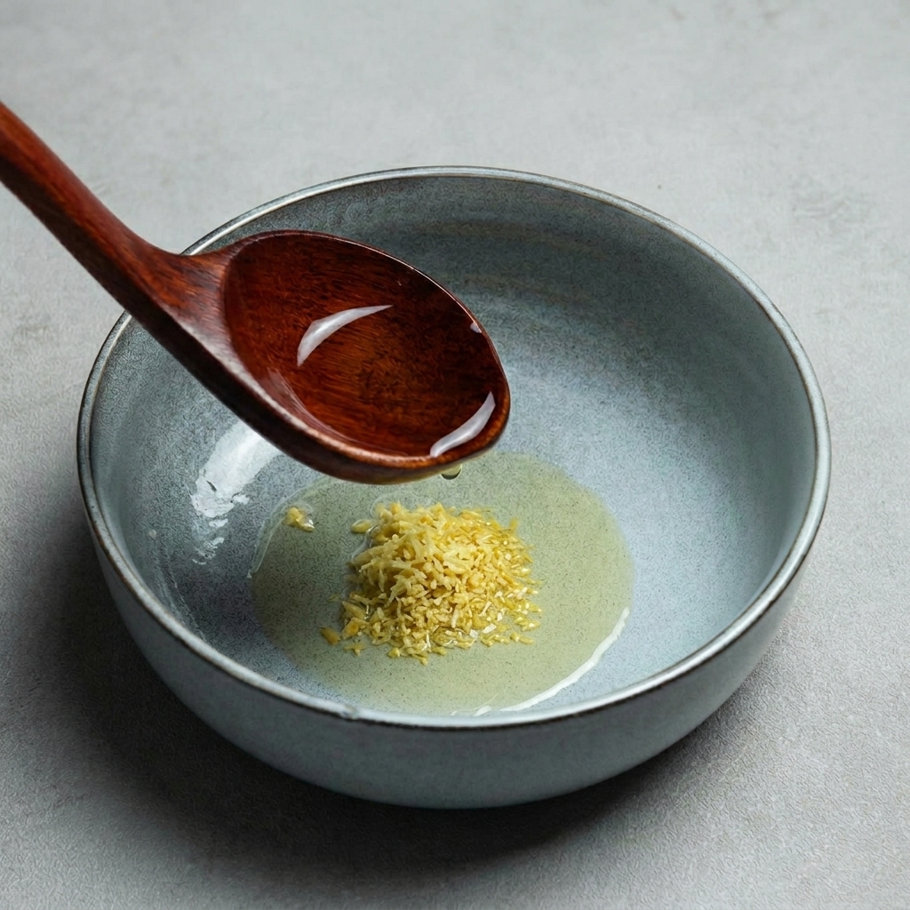 Clear yellow chicken broth being poured from a dark wooden ladle into a seasoned light blue ramen bowl.