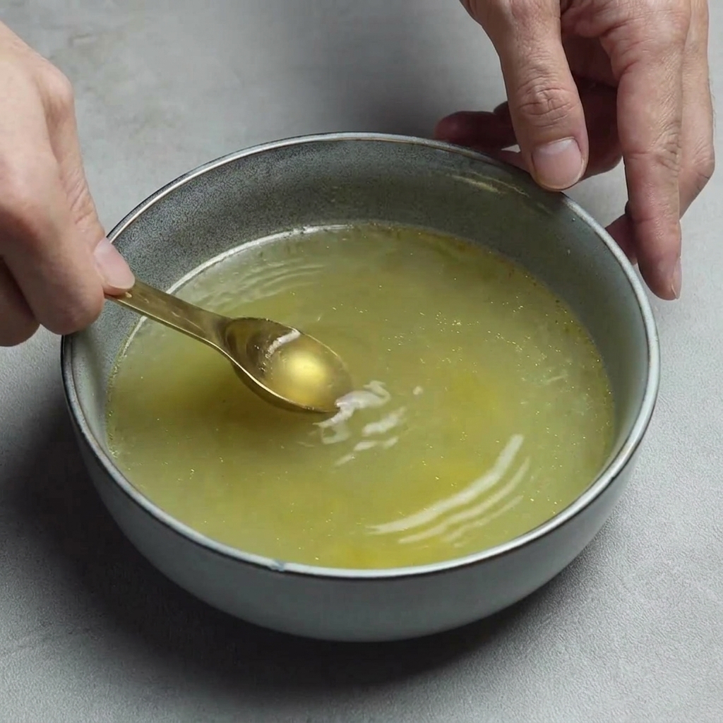 A person using a gold spoon to stir the yellow broth in a blue bowl to combine seasonings.