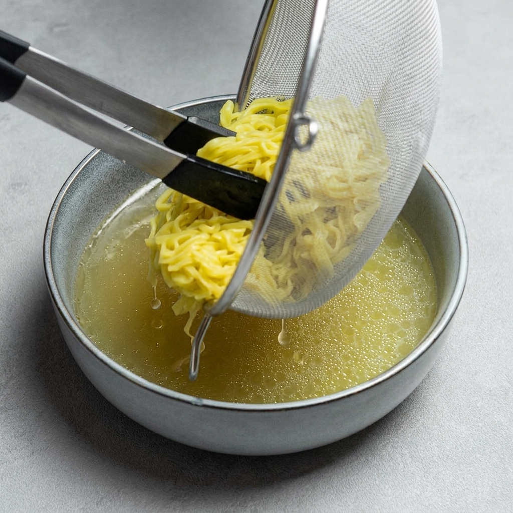A person using silver tongs to transfer cooked yellow ramen noodles from a mesh strainer into a blue-gray bowl filled with clear golden broth.