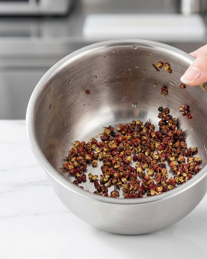 A handful of Sichuan peppercorns and dried spices held in a small stainless steel prep bowl.