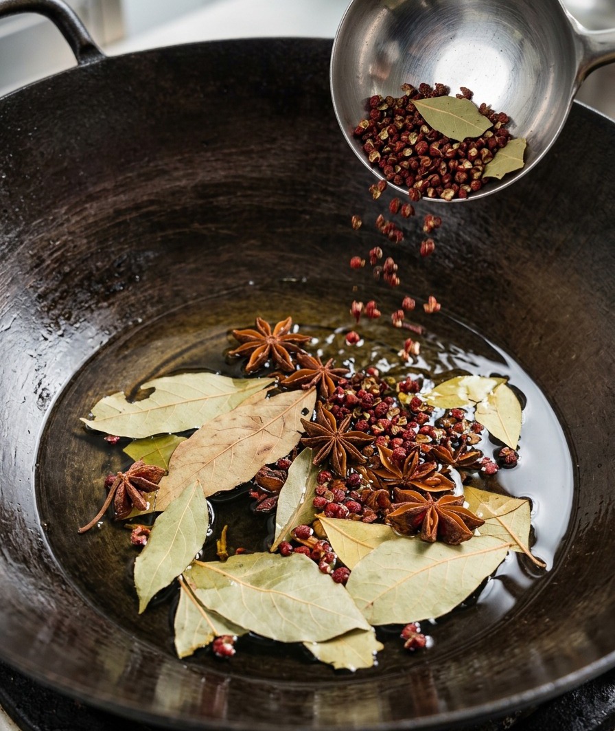 Whole spices being poured from a ladle into shimmering hot oil at the bottom of a dark carbon steel wok.