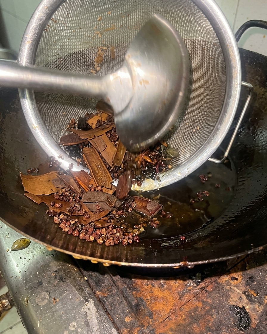 A metal strainer being used to lift fried cinnamon sticks, star anise, and peppercorns out of a wok filled with infused oil.