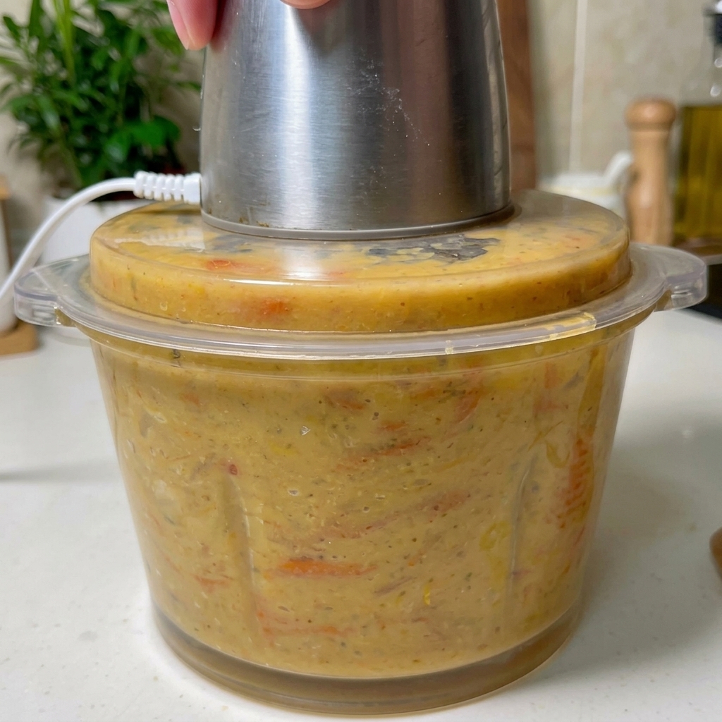 A stainless steel blender attachment processing a thick, orange-colored mixture of shrimp shells and broth inside a clear container.