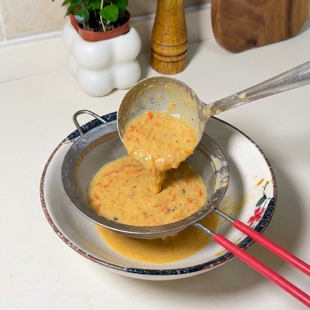 Thick orange shrimp broth being poured from a ladle through a metal strainer into a floral patterned ceramic bowl.