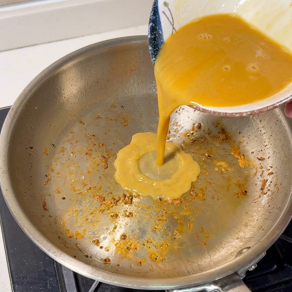 Concentrated orange shrimp broth being poured from a bowl into a stainless steel saucepan over a stove.