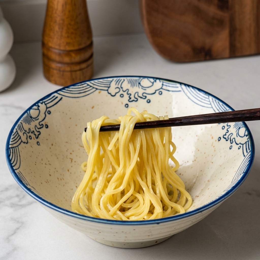 A bundle of yellow ramen noodles being lifted by chopsticks and placed into a cream-colored ceramic bowl with blue wave patterns.