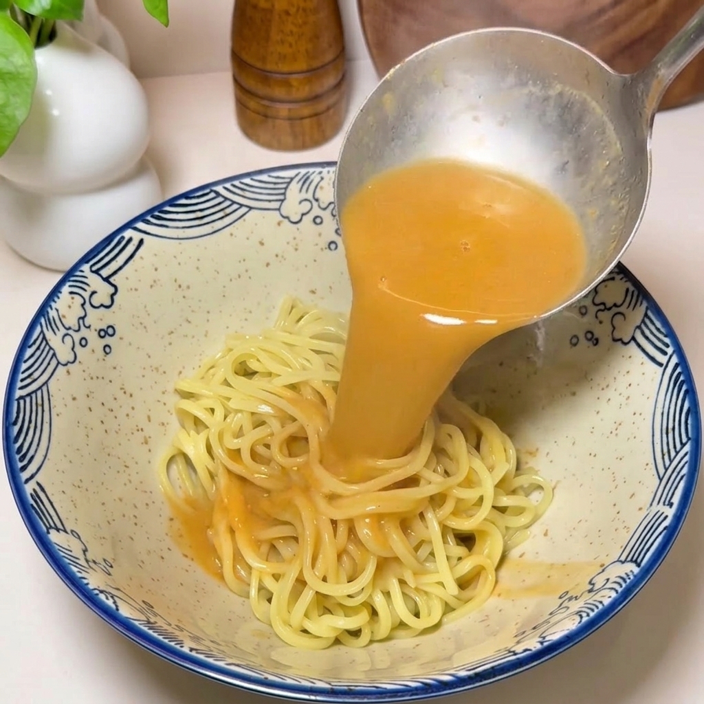 A metal ladle pouring rich, orange-colored shrimp broth over a nest of yellow ramen noodles in a blue and white patterned bowl.