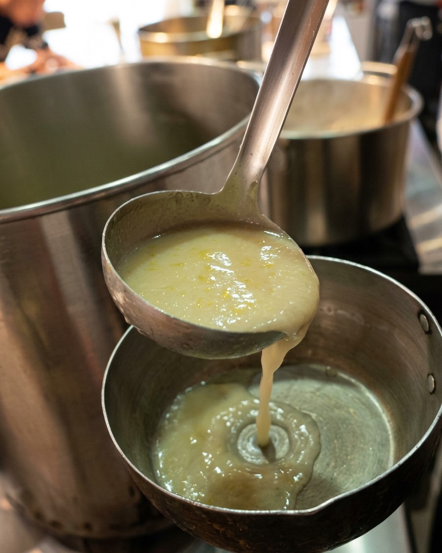 A large metal ladle pouring thick, creamy yellow chicken broth from a tall stockpot into a smaller stainless steel saucepan.