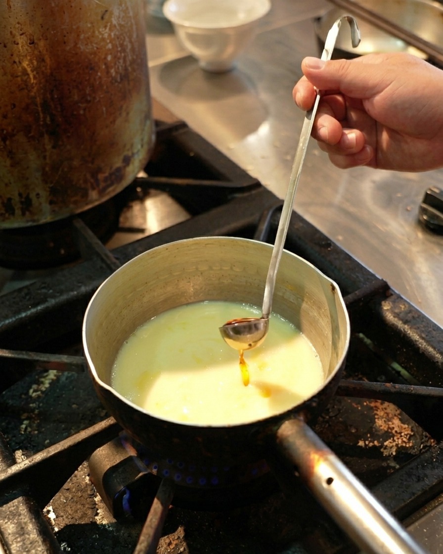 A small metal ladle pouring a vibrant orange shrimp oil into a pot of simmering light yellow chicken broth over a gas flame.