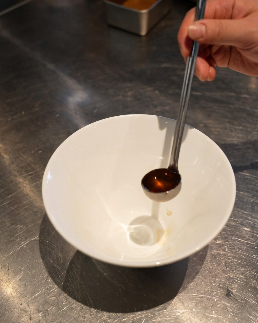 A long-handled small ladle pouring a dark amber savory seasoning liquid into the center of a clean, deep white ceramic ramen bowl.