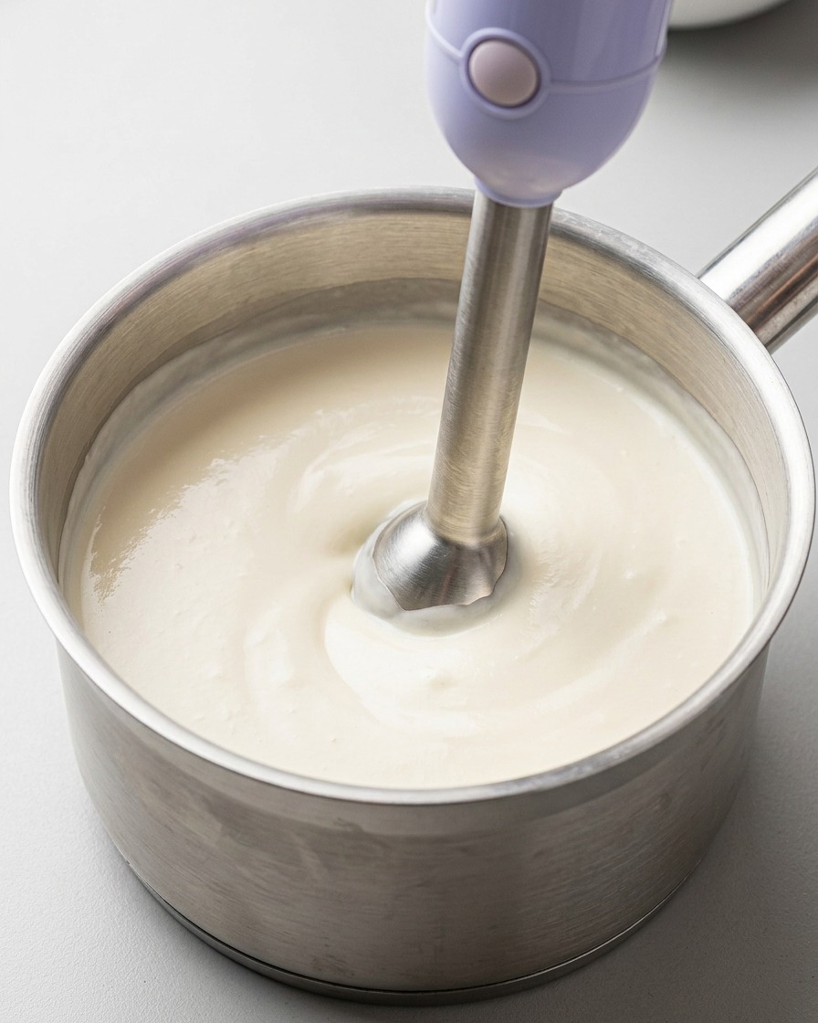 A silver immersion blender whisking a pot of light yellow liquid into a thick, frothy milky white foam.