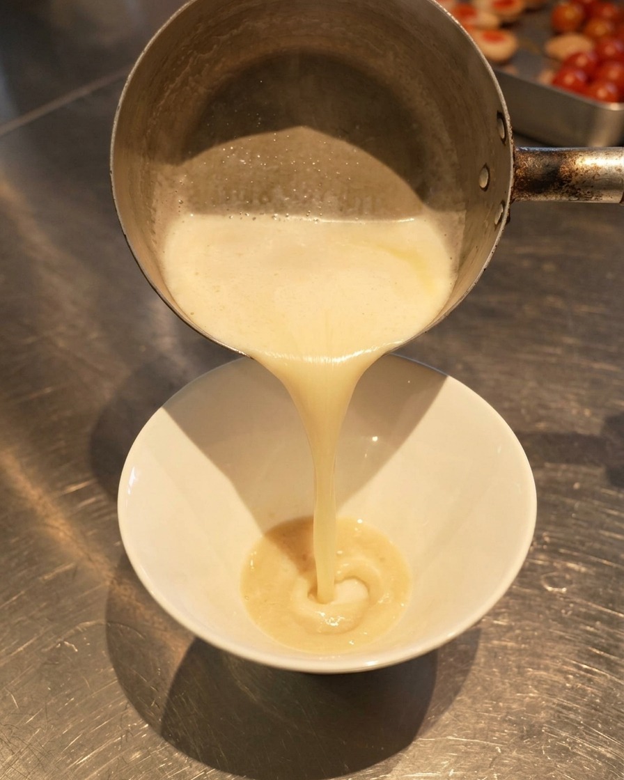 Hot, frothed milky white broth being poured from a saucepan into a white bowl, mixing with a darker sauce at the bottom.