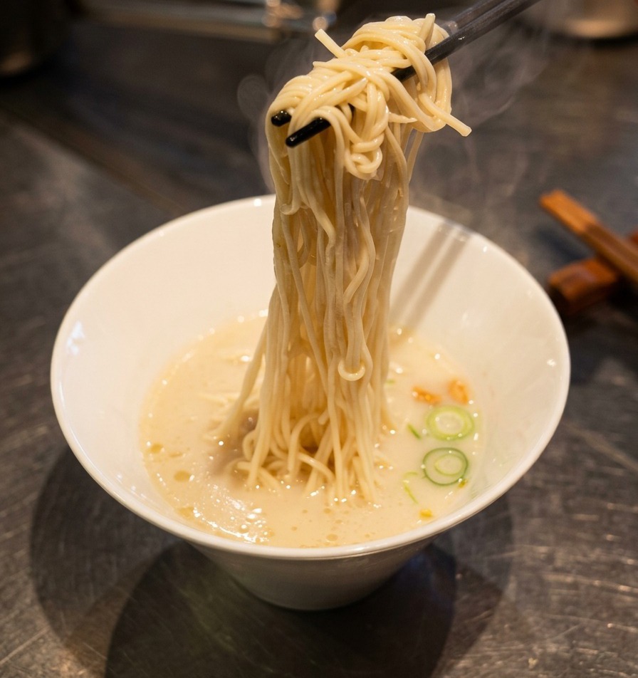 Chopsticks lifting and arranging thin ramen noodles into a bowl of creamy, white frothed soup.