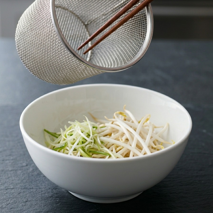 A hand using chopsticks to place fresh white bean sprouts and shredded green vegetables into a bowl of ramen.