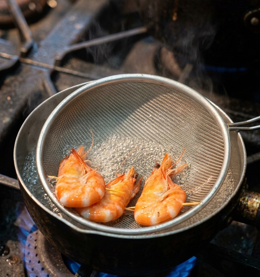 Three whole shrimps being boiled in a wire strainer basket inside a pot of bubbling water on a stove.