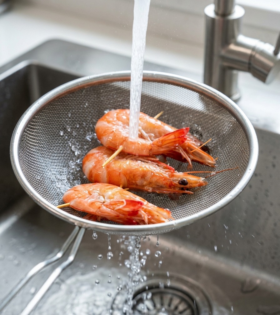 Cooked orange shrimps in a metal strainer being rinsed under a stream of cold water from a kitchen faucet.