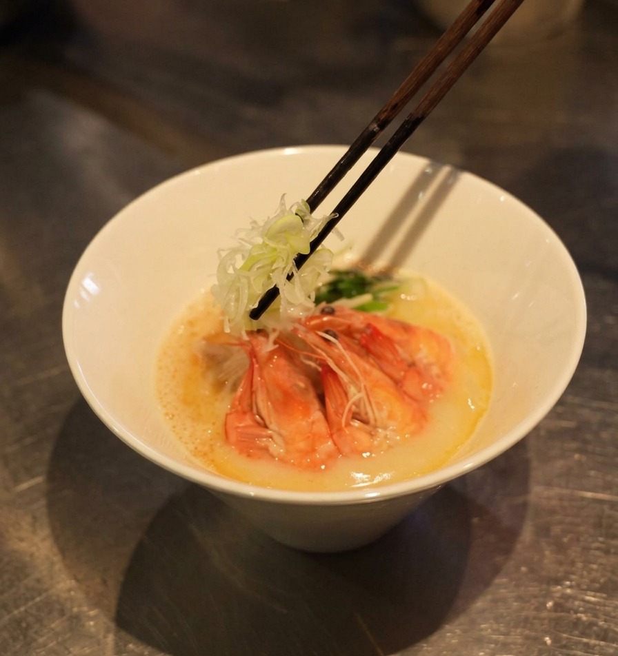 Chopsticks placing a garnish of finely julienned white scallions onto a bowl of shrimp ramen.