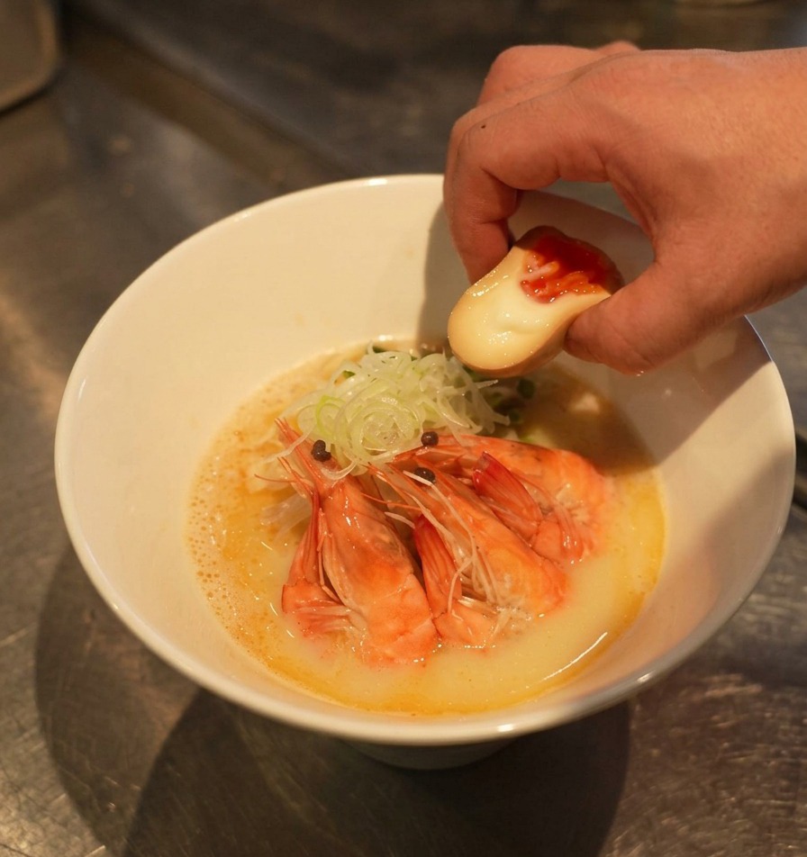 A hand placing a glistening soft-boiled egg half with a dark orange yolk into a white bowl of ramen already garnished with large red shrimps and shredded scallions.