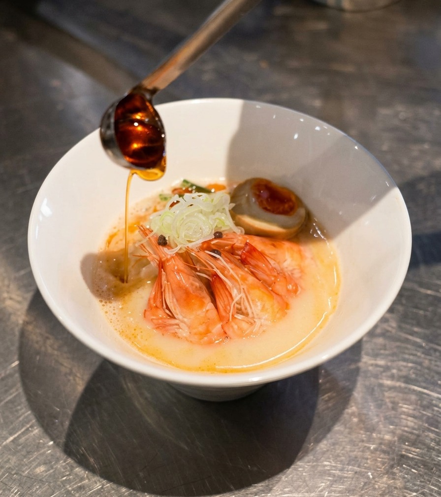 A metal ladle pouring bright reddish-orange oil into a completed bowl of ramen featuring shrimp, green onions, and a soft-boiled egg in a creamy soup base.