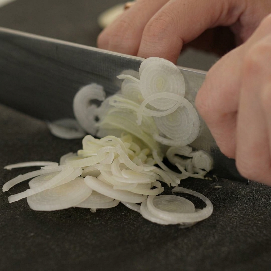 A chef knife slicing through a white leek on a black cutting board, creating thin, translucent rings.