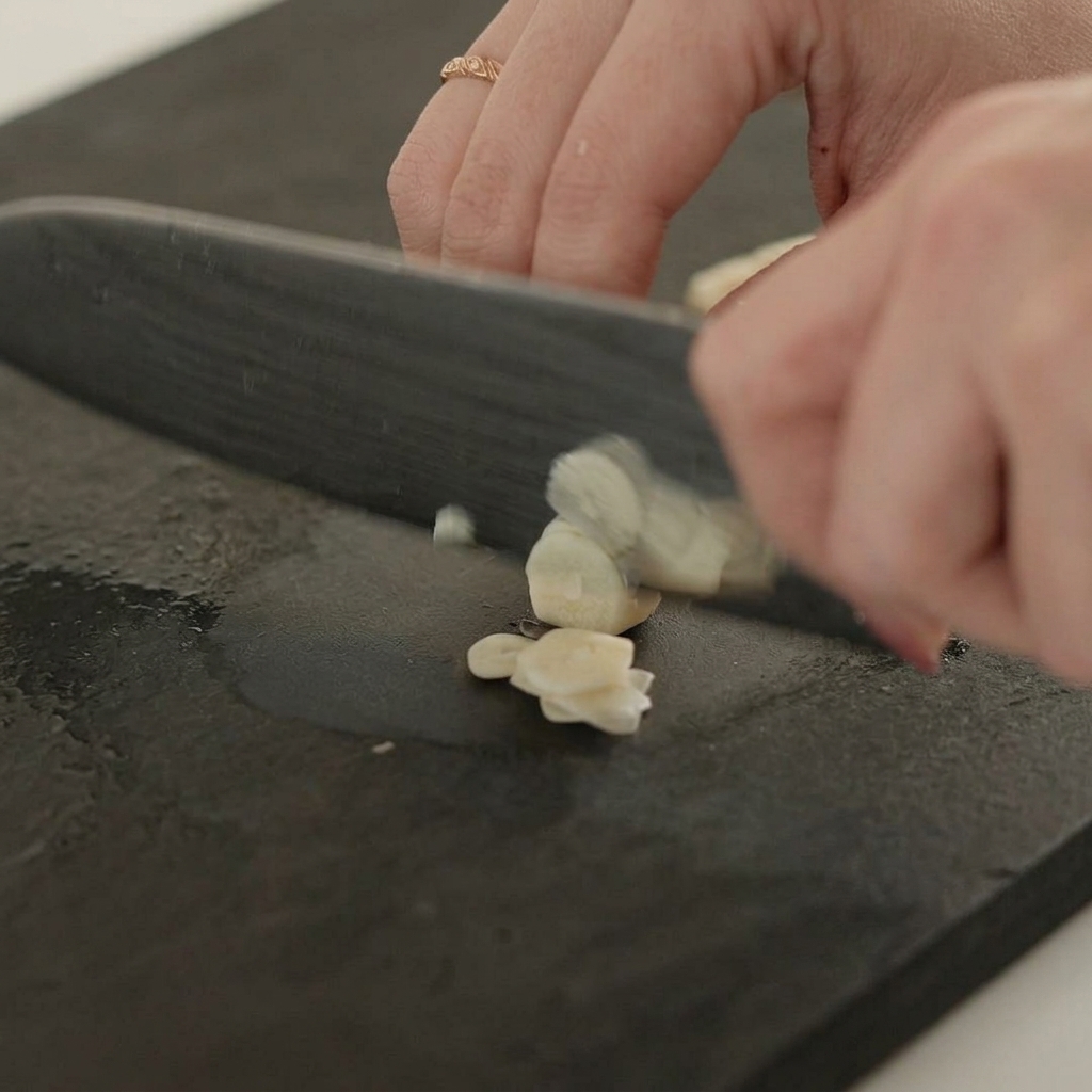 A close-up shot of a knife slicing a garlic clove into thin vertical slivers on a dark workspace.
