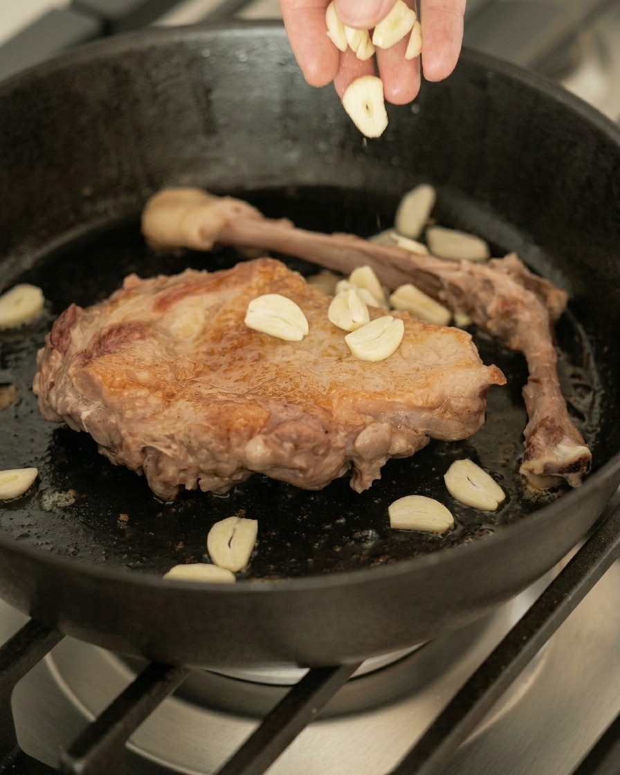 A hand sprinkling sliced garlic pieces over a seared duck leg and bone in a hot cast iron pan.