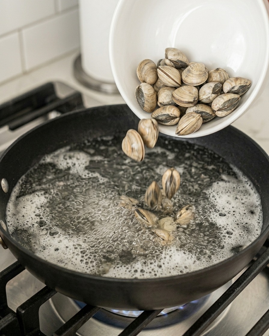 A white bowl pouring fresh, whole clams into a bubbling pan of liquid on a stove.