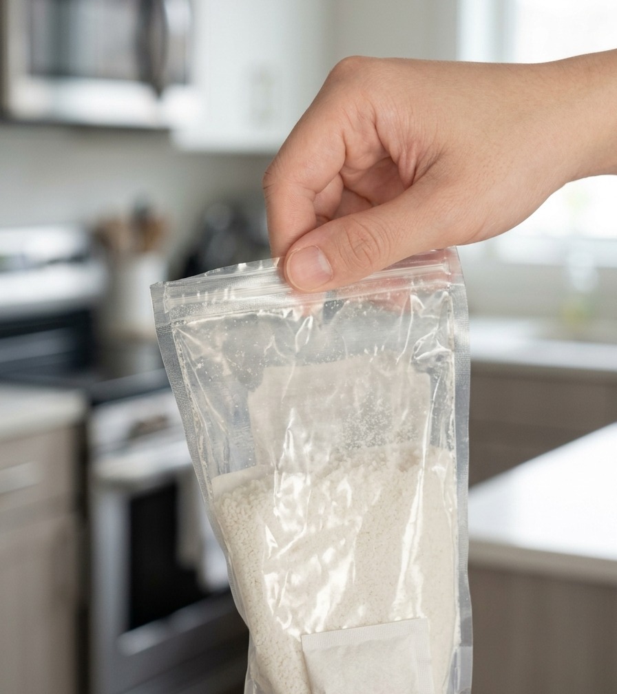 A hand holding a clear plastic packet containing white seafood seasoning powder over a kitchen counter.