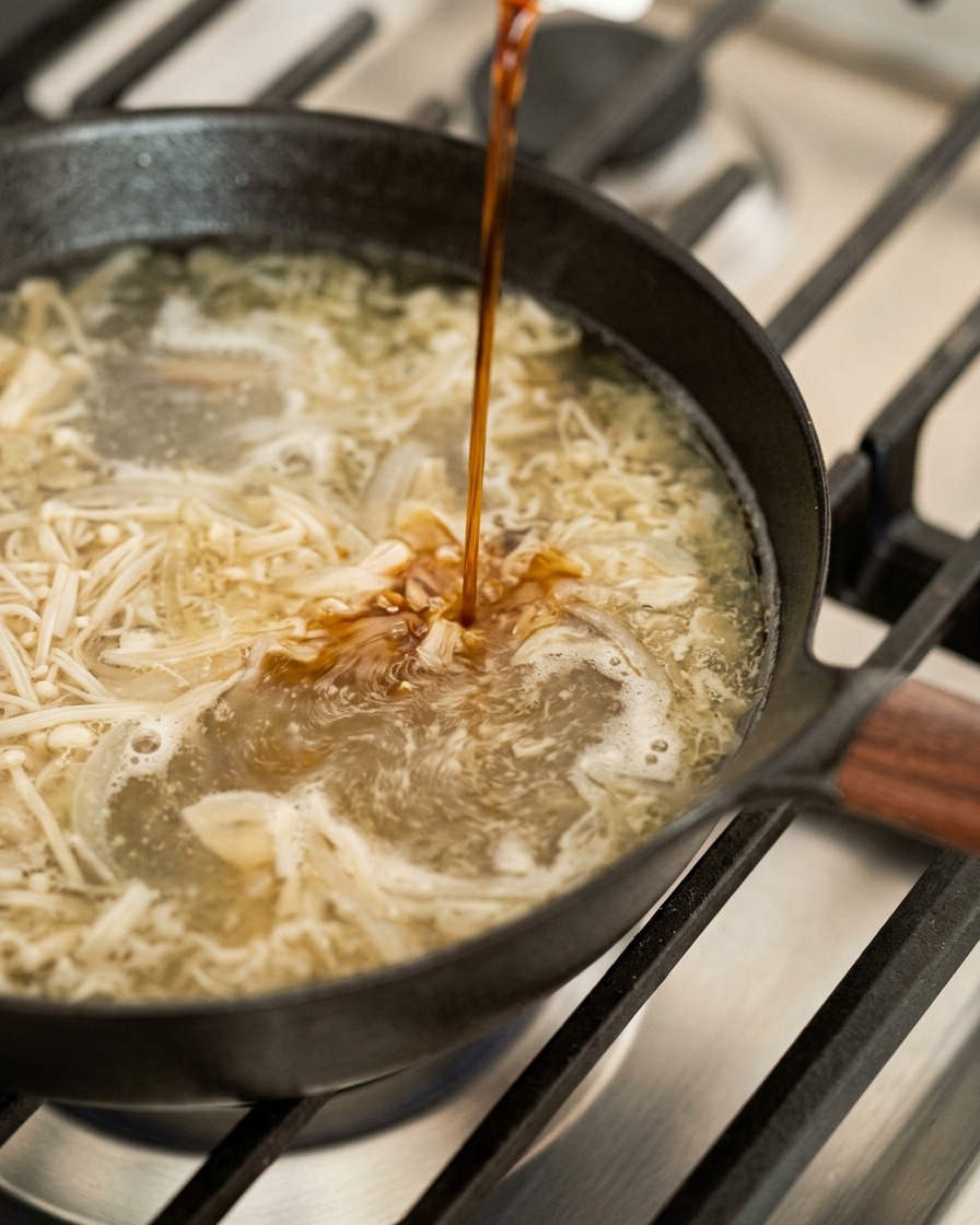 A thin stream of dark soy sauce being poured into a pan of simmering broth with sliced leeks and garlic.