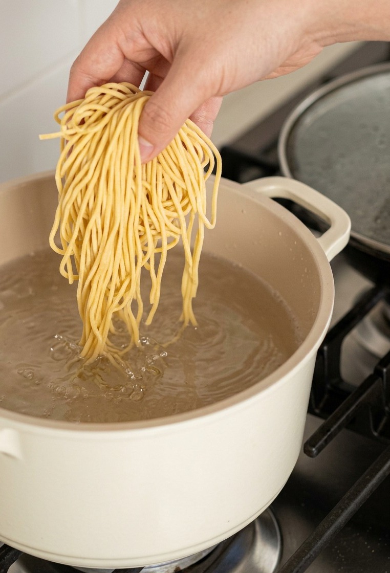 A hand dropping a bundle of fresh, pale yellow ramen noodles into a white pot of boiling water.