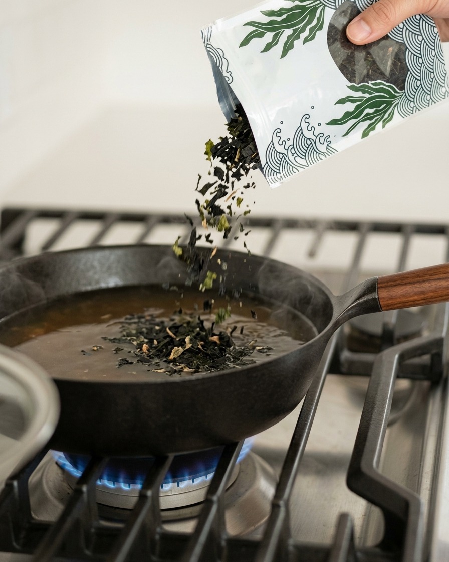 Dried seaweed flakes being poured from a white and green package into a bubbling dark ramen broth in a pan.