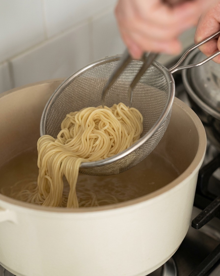 A mesh strainer lifting a generous portion of thin ramen noodles out of a white ceramic cooking pot.