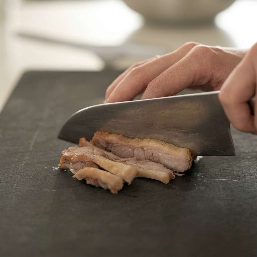 Slicing seared duck meat into thin uniform strips on a black cutting board using a sharp knife