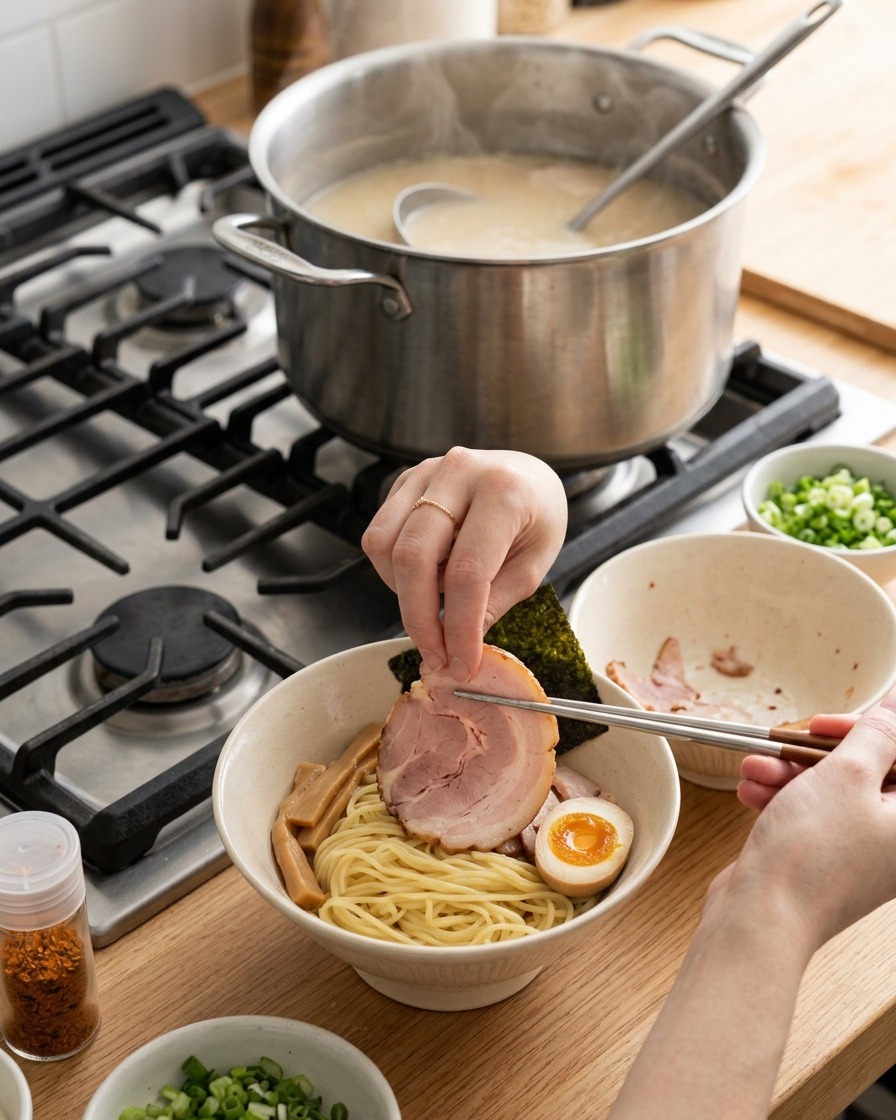 A hand placing a slice of seared duck into a ramen bowl already containing noodles and a soft boiled egg