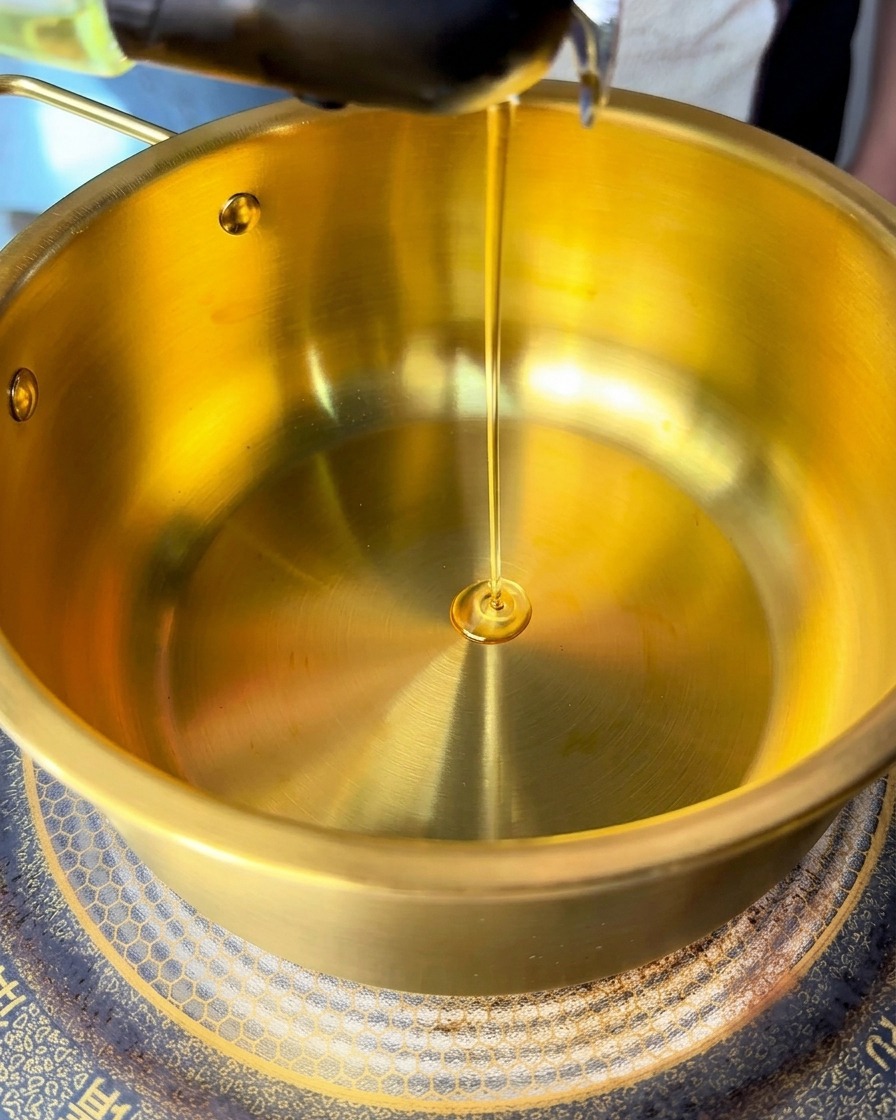 Clear yellow oil being poured in a thin stream into a bright clean golden cooking pot.