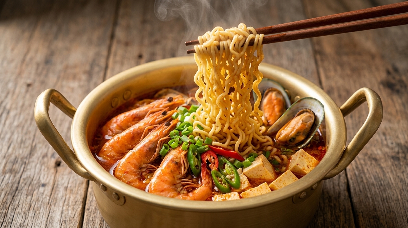 A steaming golden pot of spicy seafood ramen topped with whole prawns, mussels, and fresh chili slices.