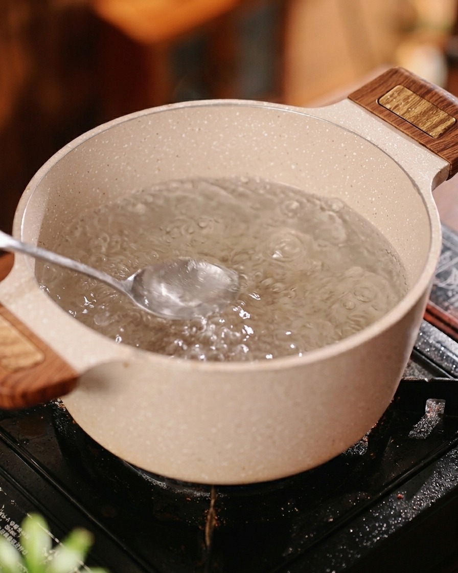 A pot of water boiling on a stove, being seasoned with salt and oil before adding the pasta.