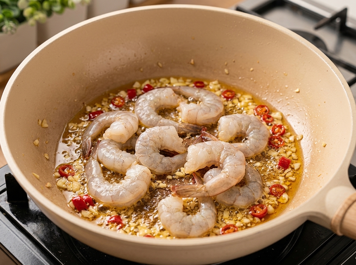 Raw de-veined shrimp being added to a pan filled with sautéed onions and red chilies.