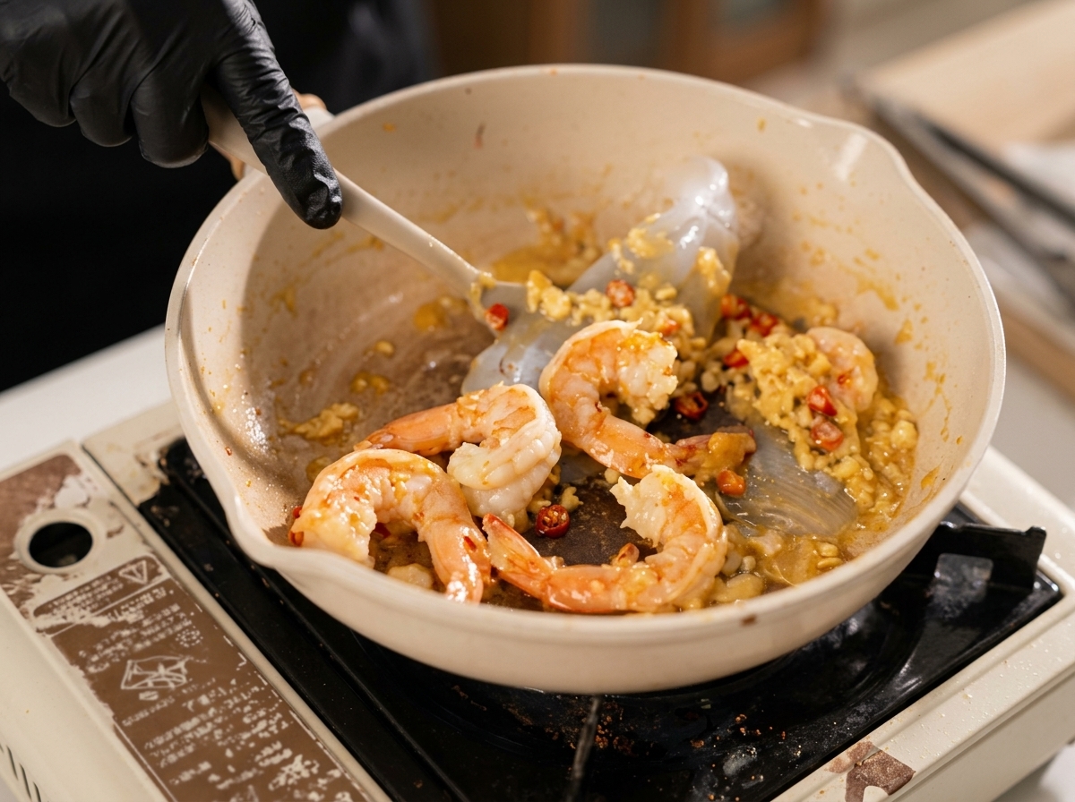 A person in black gloves using a spatula to stir shrimp chili and onion in a pan while white wine is poured along the perimeter.