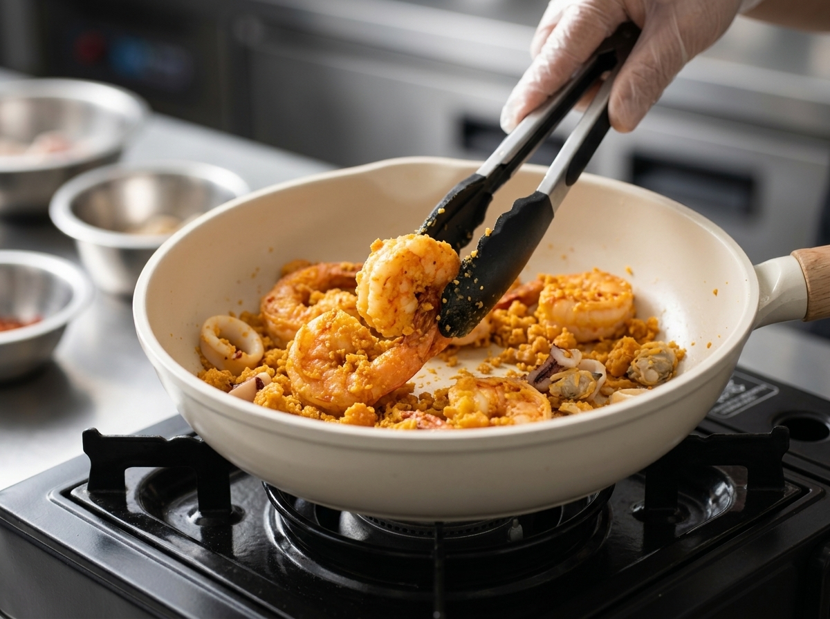 A person using black tongs to stir shrimp and foamy golden salted egg yolk sauce in a light-colored frying pan.